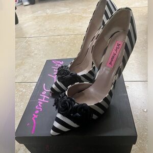 Betsey Johnson Striped Heels with Black Floral Accent